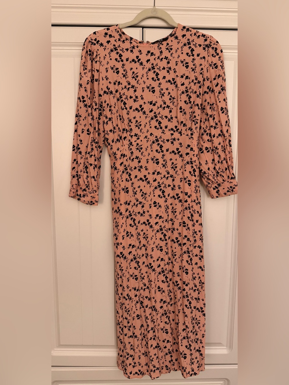 Uniqlo Pink Floral Midi Dress Tie Back Long Sleeve Size Large